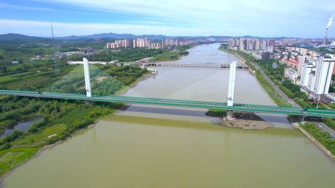 吉林市松花江蓝旗大桥高速公路建筑风光航拍