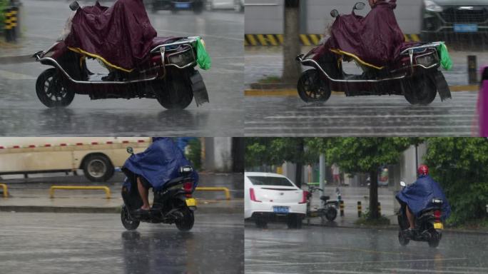 暴雨中骑电动车的男人一组【慢动作】