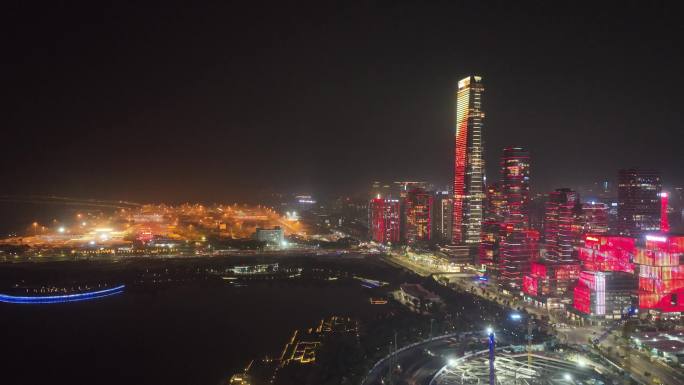 航拍深圳湾夜景灯光秀阿里中心活力城市