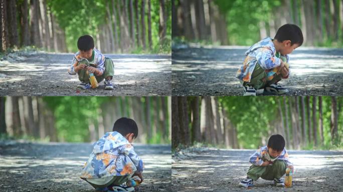 孩子在林间小路捡石子玩耍