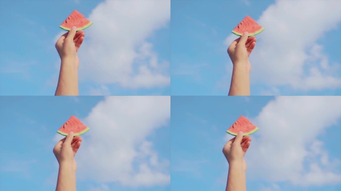 手拿西瓜朝向天空向往自由夏天吃西瓜小清新