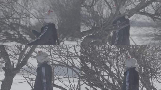 美女山地雪林欢快游玩行走