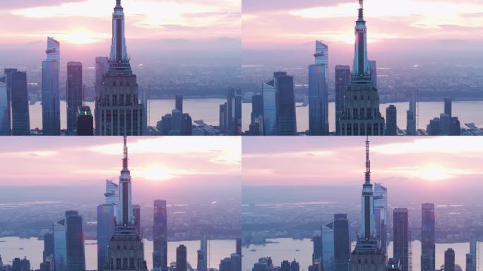 城市航拍纽约曼哈顿帝国大厦摩天大楼日落光