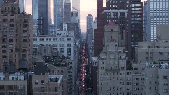4K城市航拍纽约市中心曼哈顿摩天大楼日落