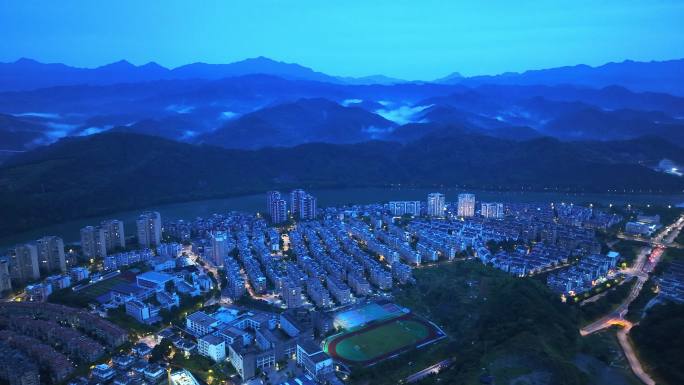 航拍杭州市建德新安江镇夜景