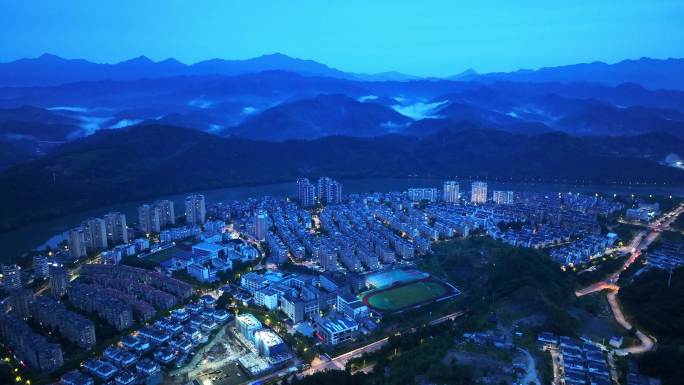 航拍杭州市建德新安江镇夜景