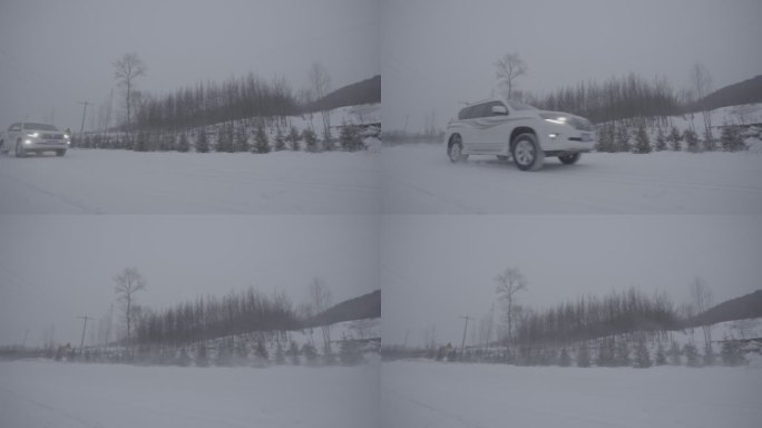 下雪天丰田汽车驶过雪地公路近景仰拍
