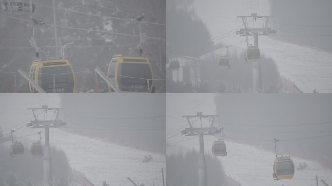 雪天滑雪场缆车内拍摄雪景