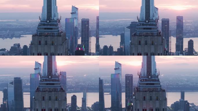 城市航拍纽约曼哈顿帝国大厦摩天大楼日落