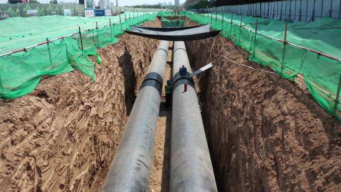 航拍城市地下管道管网工程 供热大管线工程