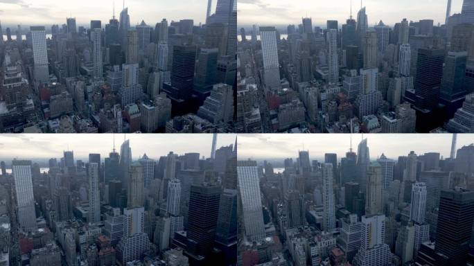 4K城市航拍纽约曼哈顿市中心摩天大楼日落