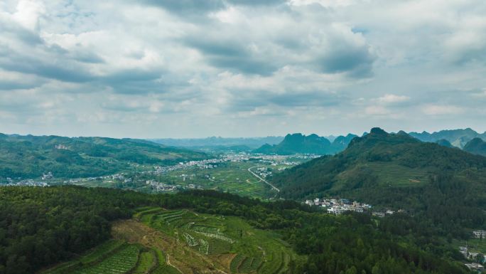 航拍山脉乡村蓝天白云延时