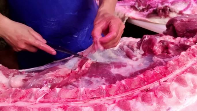 菜市场猪肉摊切猪肉猪肉猪切猪肉猪肉加工
