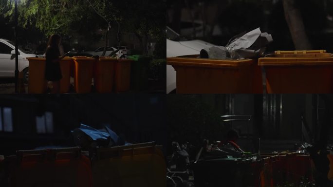 小区夜间晚上老太太老人翻垃圾桶拾荒捡垃圾
