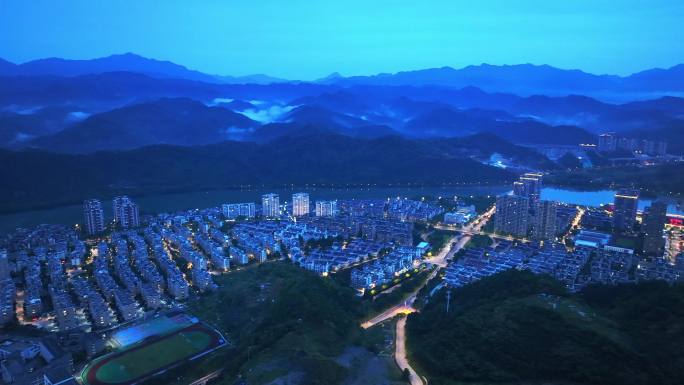 航拍杭州市建德新安江镇夜景