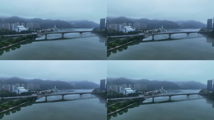 航拍杭州市建德新安江镇洋安大桥清晨