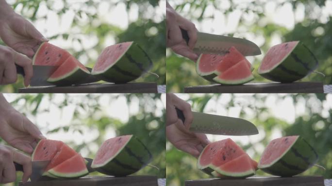 切西瓜吃西瓜夏天炎热解暑绿荫唯美空镜