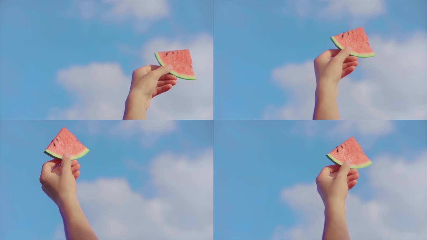手拿西瓜朝向天空向往自由夏天吃西瓜小清新