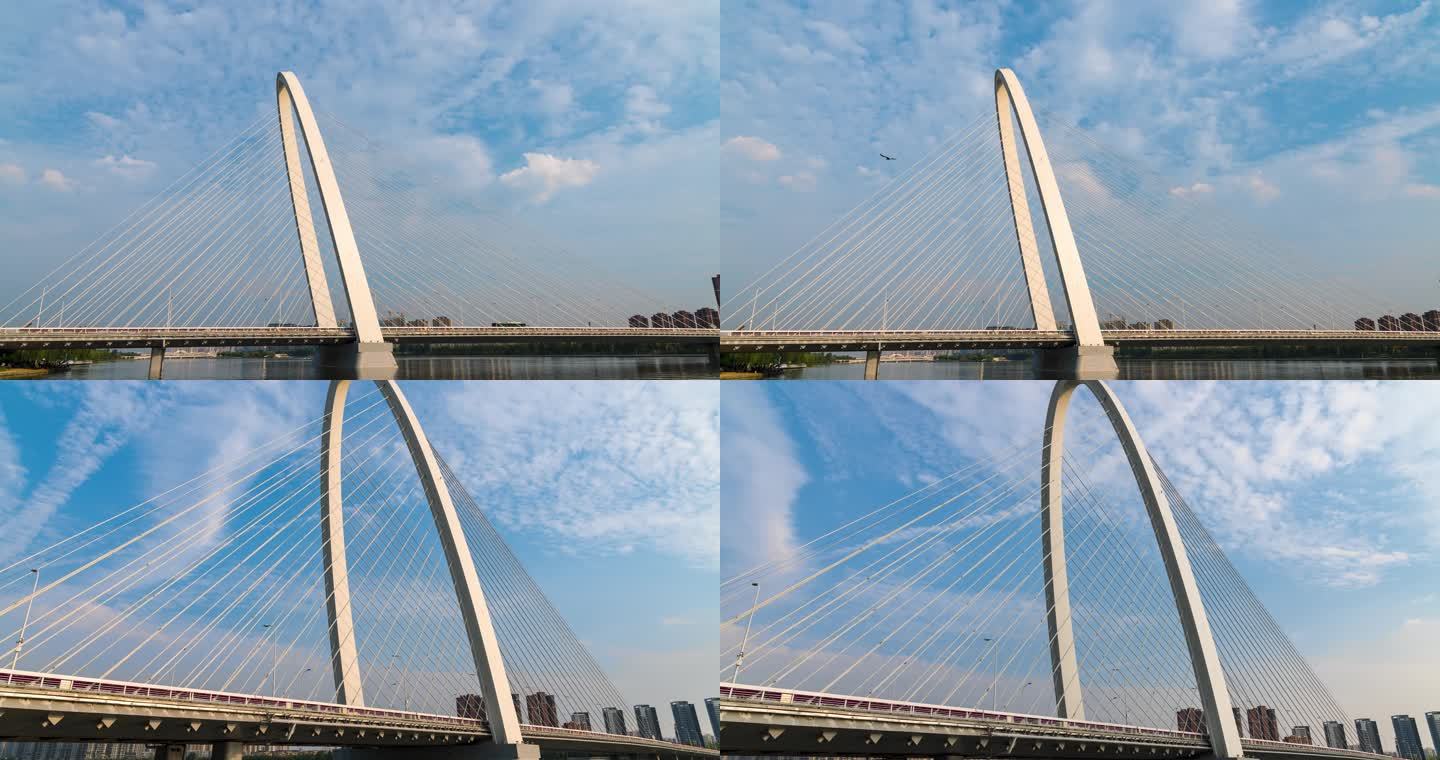 西安浐灞灞河彩虹桥蓝天飘云延时摄影