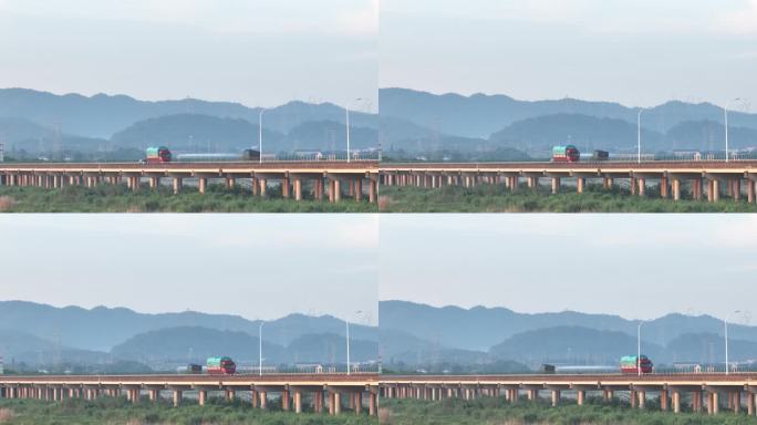 浙江高速公路高架桥货车车流物流晨雾水墨