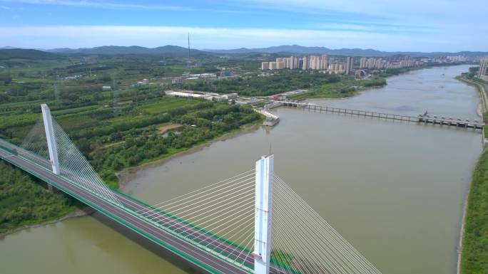 吉林市松花江蓝旗大桥高速公路建筑风光航拍