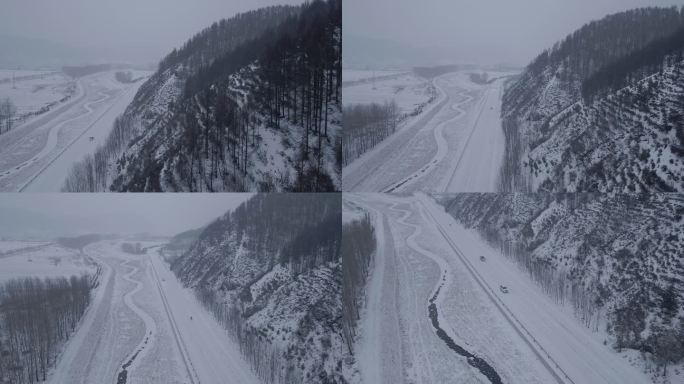 航拍山间林地雪地公路汽车行使1