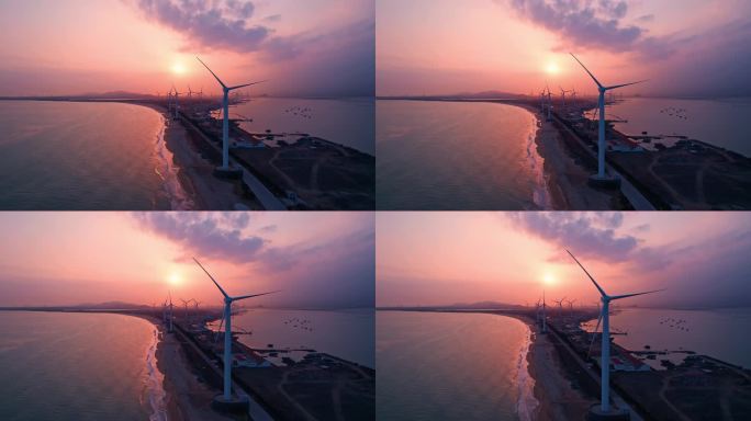 4k中国最美海岸线山东荣成环海路海滩风车