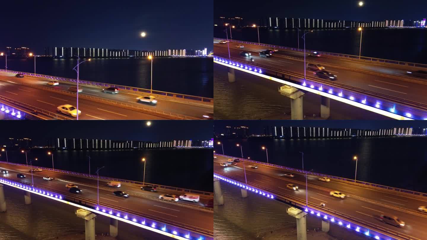 夜间大桥上行驶的车辆-长沙三叉戟大桥