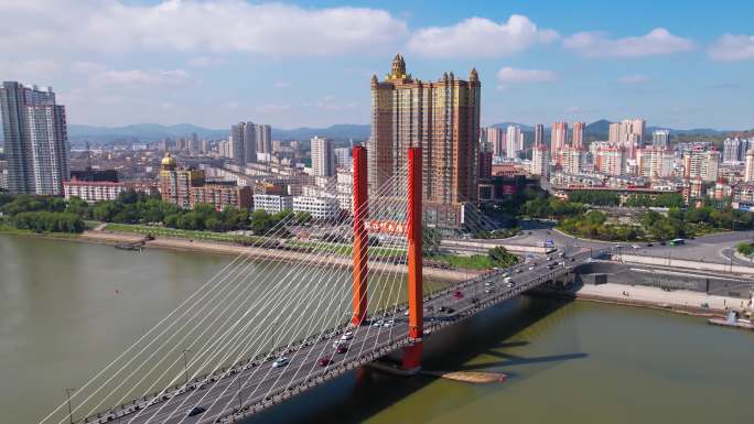 吉林市城市建筑风光松花江临江门大桥航拍