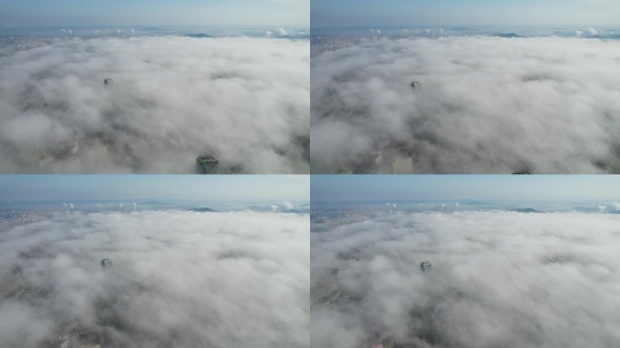 吉林市 云海仙境大雾城市建筑风光穿云航拍