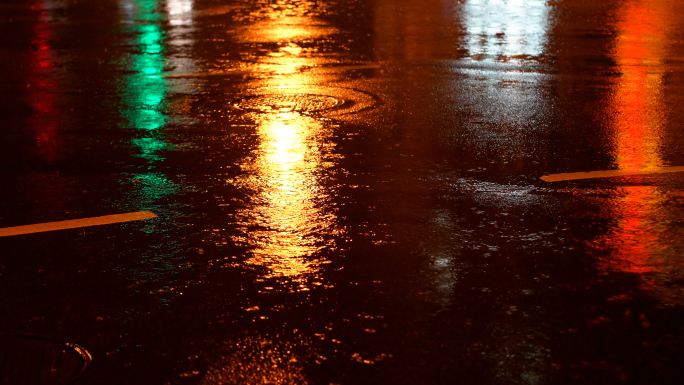 夜晚雨中的城市街道，下雨特写
