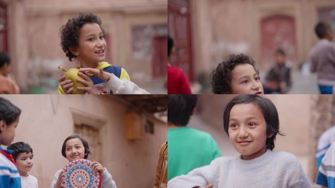 4k 新疆喀什小孩子 笑脸 玩耍 跳舞