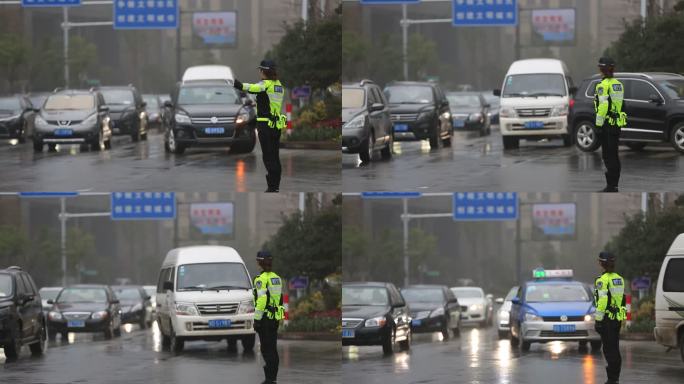 雨天城市道路中间女交警指挥交通车辆通行