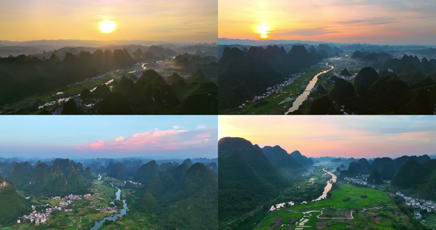 桂林遇龙河高视角俯瞰夕阳航拍