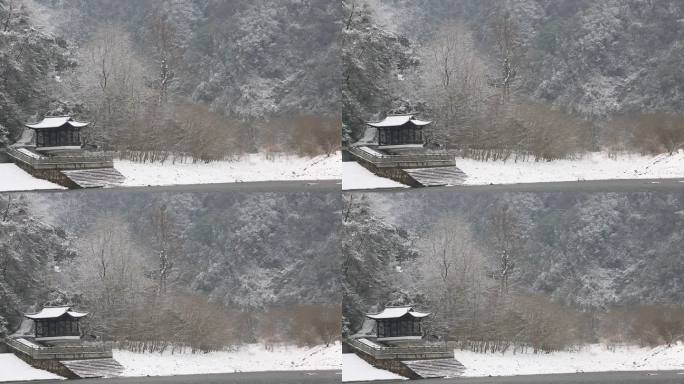 江南冬天雪景水墨国风凉亭亭子浙江诸暨五泄