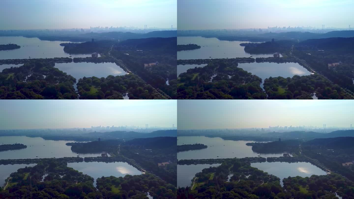 杭州西湖清晨航拍苏堤雷峰塔整个杭州城区