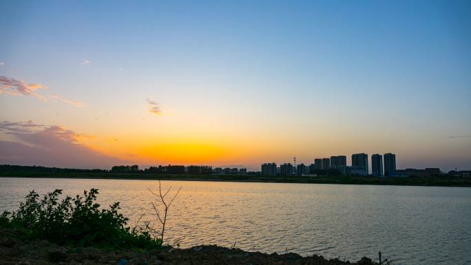 延时摄影 湖边日落 日转夜 河堤