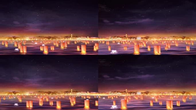 灯火里的中国孔明灯水面漂浮循环