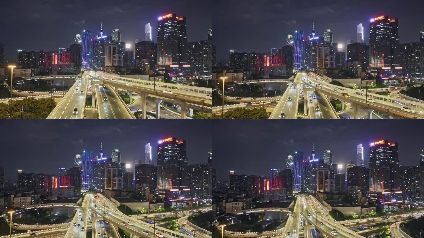航拍夜景城市高架桥车流