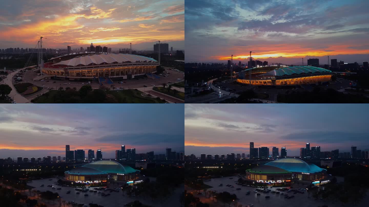 义乌市体育场梅湖公园航拍夕阳