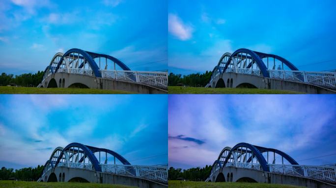 延时摄影蓝天白云一座桥蓝色调养眼4k高清