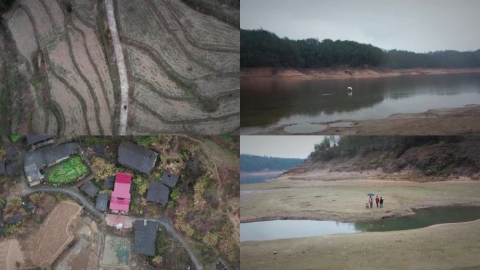 农村航拍 农村风俗 湖 鸟 山 小孩奔跑