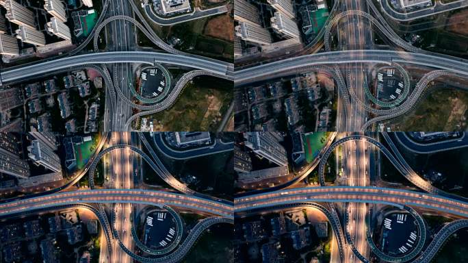 城市复杂立交桥日转夜俯视航拍