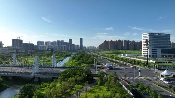 航拍襄阳东津新区城市风光建筑风景