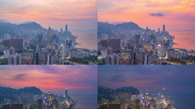 香港城市晚霞日转夜延时摄影8k