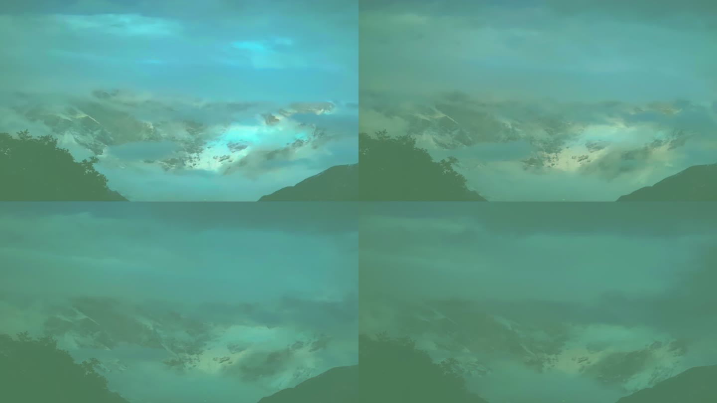 西藏林芝雪山云雾树木前景延时 大雾