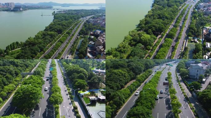 航拍无锡蠡湖大道  绿色城市交通 低碳