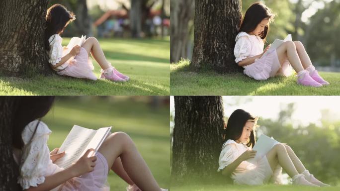 夏天小女孩在阳光草地上看书【原创可商用】
