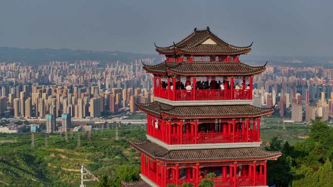 西山万亩生态园启春阁航拍太原全景