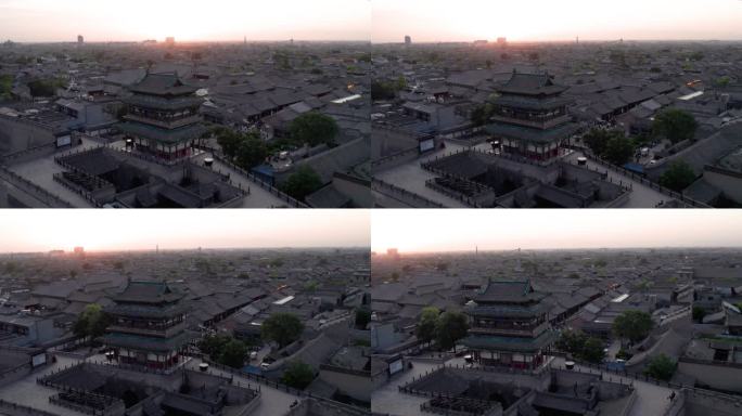 山西晋中平遥古城晚霞大气夜景航拍